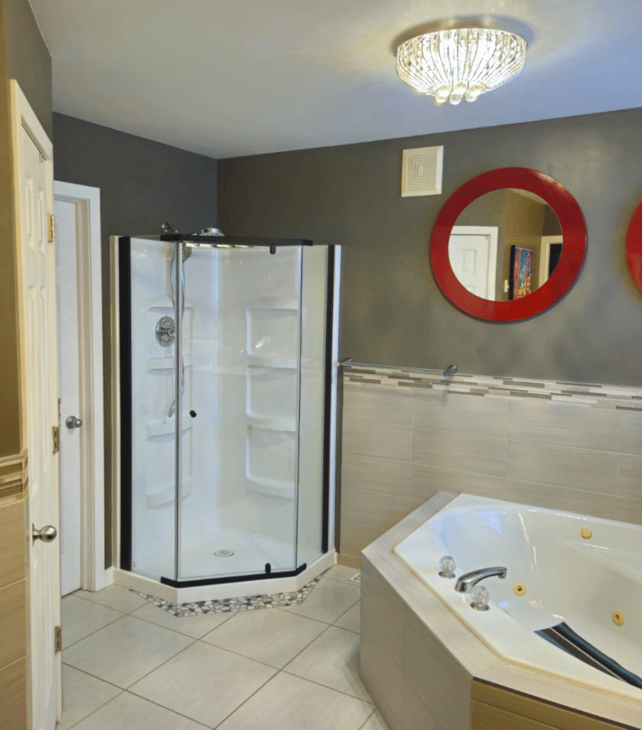 Modern bathroom with shower and tub in St. Andrews, MB